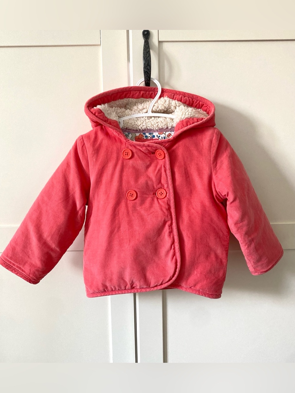 Baby Boden Girls Coral Pink Hooded Double-Breasted Corduroy Fall Jacket | 12-18M